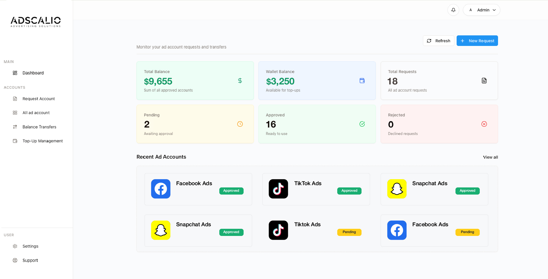 ADSCALIO Dashboard - Ad Account Management Interface